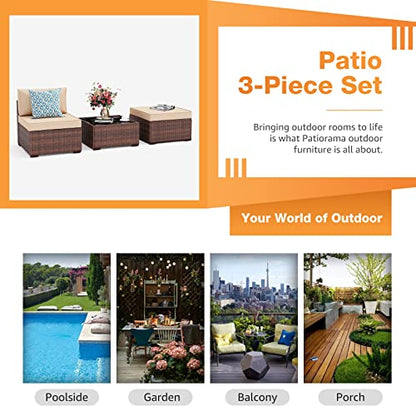 3 Piece Patio Furniture Set, Outdoor Sectional Sofa, PE Wicker Rattan Conversation Set, All Weather Armless Chair and Ottoman with Coffee Table, Brown Wicker Beige Cushion