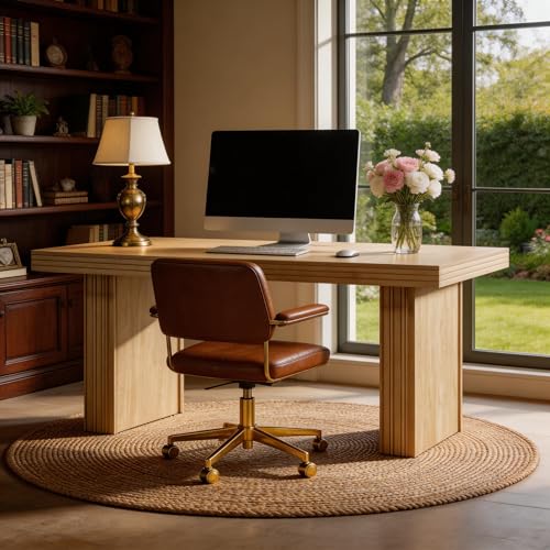 Tribesigns Modern Office Desk, Home Office Table with Wide Fluted Legs, Modern Desk for Home Office, Natural