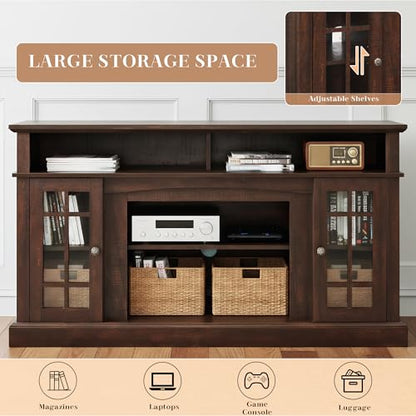 Traditional American Country Style TV Stand with Glass Door, 58"W Large Entertainment Center with Open Shelves, Home Entertainment Console Table for TV Up to 65'', Rack for Living Room (Espresso & 2)