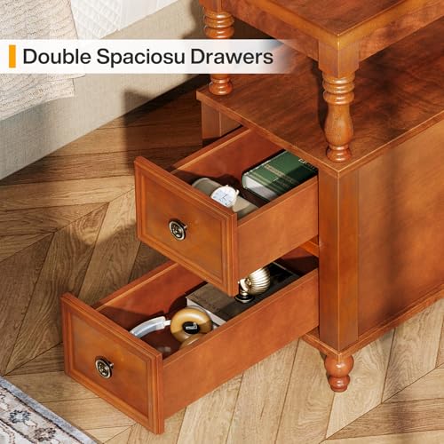 Tribesigns Solid Wood Nightstand with 2 Drawers, Mid-Century Modern Night Stand with Open Storage Shelf, Vintage Bedside Table for Bedroom, Easy to Assemble (1, Walnut)