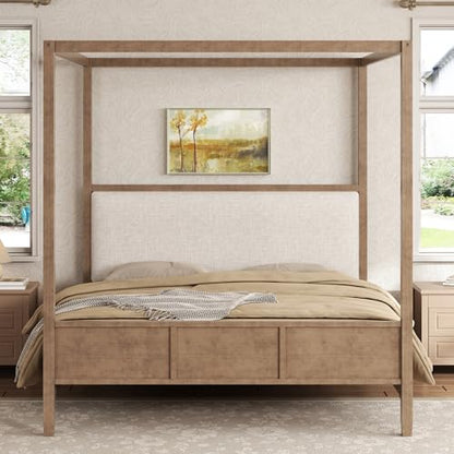 King Size Canopy Bed with Linen Headboard and 4-Poster, Walnut, view 3