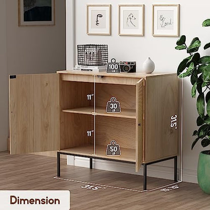 Rattan Sideboard Cabinet with 2 Doors, 31.5" Boho Buffet Credenza with Metal Legs, Natural Cane Accent Storage Cabinet for Living Room, Dining Room, Entryway, Set of 2