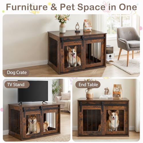 31.5" Dog Crate Furniture with Sliding Barn Door, Wooden Dog Kennel, view 4