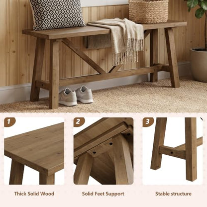 43" Farmhouse Solid Wood Bench, Narrow Long Seat, Natural, view 6