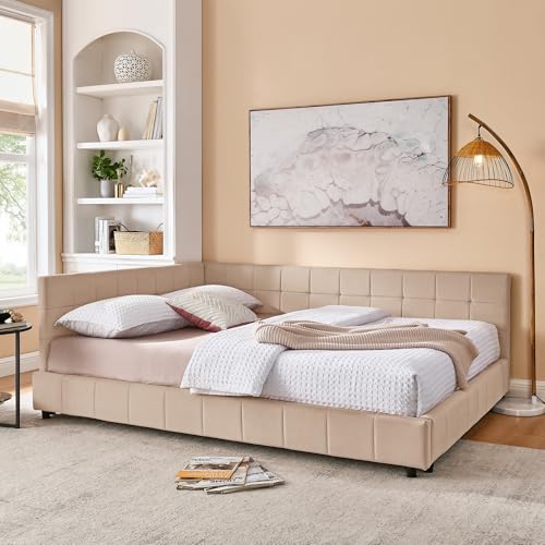 GDFStudio Queen Size Upholstered Velvet Tufted Bed Frame, Sofa Lounge Bed with Backrest and Armrest, Mid-Century Modern Daybed for Living Room, No Box Spring Required,Mattress not Included,Pink