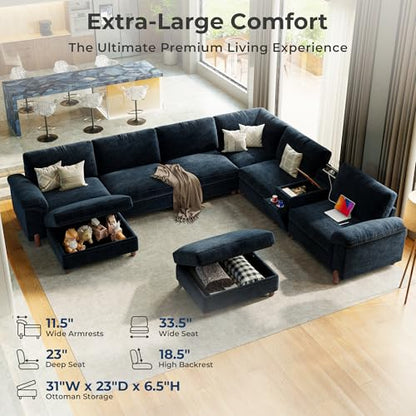 Large Cloud Couch, 138" Wide 8 Seat V Shaped with Console, Navy Blue | Detachable and Washable Chenille Cover Sectional Sofas for Living Room, Deep Seat Wide Couch with Chaise, Storage Ottoman