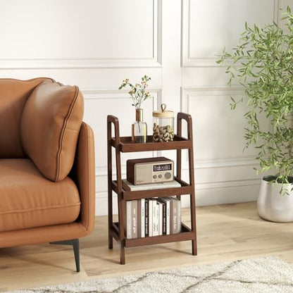 100% Solid Sofa Table - Versatile Design Narrow End Table with 3-Tier Open Storage for Living Room, Bedroom, or Small Spaces - Ladder Shelf for Study (Walnut)