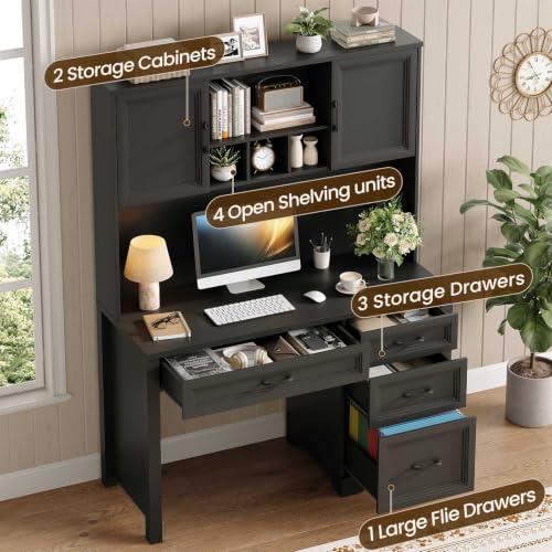 Farmhouse Desk with Hutch, Executive Desk with Storage Cabinet, view 6