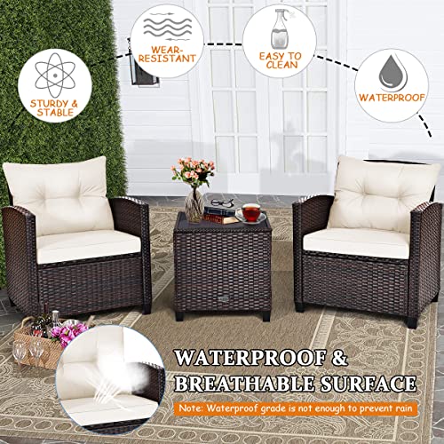 3 Pieces Patio Conversation Set, Outdoor Furniture Set PE Rattan Sofa Set with Removable Cushions, PE Wicker Chairs with Tempered Glass Side Table for Porch Lawn Garden Balcony Backyard