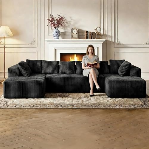 130" U Shaped Boneless Couch, Cloud Boneless Sectional Couches for Living Room, Modular Spineless Sofa Bed with Deep Seat, High Density Foam Floor Couch with 8 Pillows No Assembly, Black Corduroy