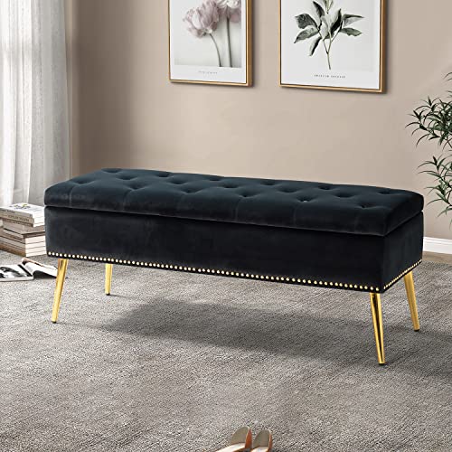 Modern velvet storage ottoman bench gold base black, view 2