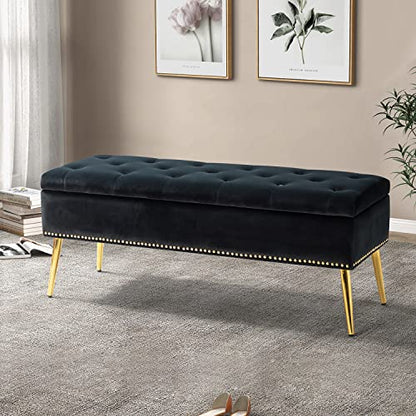 Modern velvet storage ottoman bench gold base black, view 2