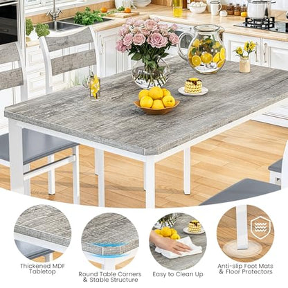 Dining Table Set for 4, 43.3" Dining Room with 4 Upholstered PU Leather Chairs, Modern Wood Table and Chairs Set, 5-Piece Dinette Breakfast Nook, Small Places, Grey