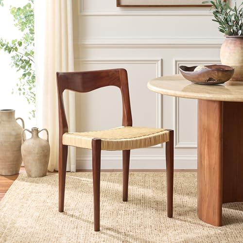SAFAVIEH Furniture - Sezja Wicker Dining Chair - Walnut Solid Wood Frame with Natural Handwoven Rattan Seat - Fully Assembled Design for Dining Room & Kitchen, 17.7" Seat Height (DCH1204C)
