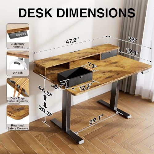 47x28 in Electric Standing Desk with Drawers, Adjustable Table, Brown, view 4