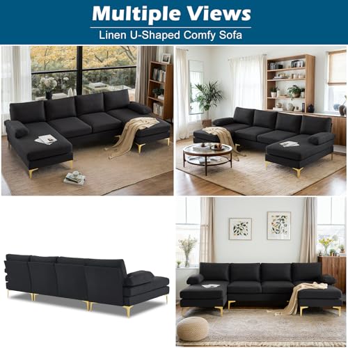 110" Modern Sectional Couch with 51" D Double Chaise, Black Deep Seat U Shaped Couch with Removable Pillows & Metal Legs, Comfy 4-Seat Sofas for Living Room, Linen Fabric