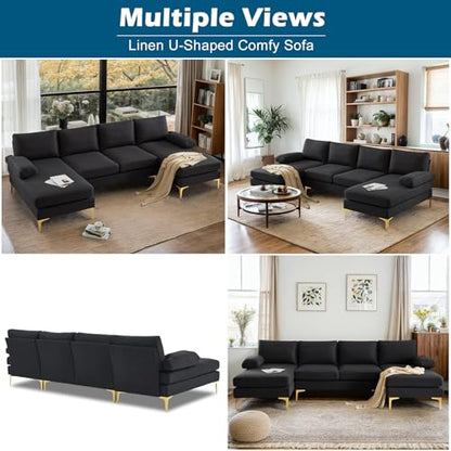 110" Modern Sectional Couch with 51" D Double Chaise, Black Deep Seat U Shaped Couch with Removable Pillows & Metal Legs, Comfy 4-Seat Sofas for Living Room, Linen Fabric