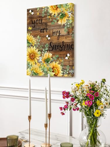 NuYeBiofx Farm Sunflower Bee Eucalyptus Canvas Wall Art Prints,48"x32" Framed Picture Artwork Retro Wooden Plank Printed Canvas Oil Painting for Living Room Bedroom Office,Ready to Hang
