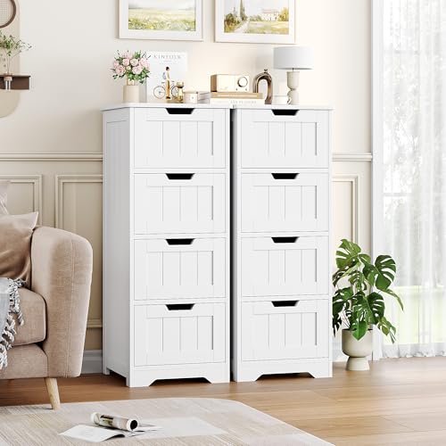 Bathroom Storage Cabinet, Set of 2, Bathroom Cabinet with 4 Drawers, 11.8” x 11.8” x 32.5” Freestanding Entryway Cupboard Storage Organizer Unit Home Furniture Decor, White