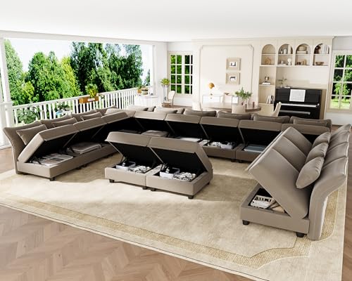 Sectional Couch Convertible Oversize U Shaped Modular Sectional Sofa with Storage Easy Clean Anti-Scratch 14 Seat Velvet Sectional for Living Room, Brown