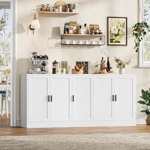 71" White Buffet Cabinet, 5 Chevron Door Modern Farmhouse Coffee Bar, view 3