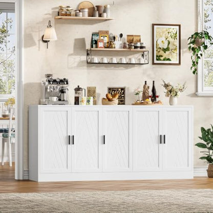 71" White Buffet Cabinet, 5 Chevron Door Modern Farmhouse Coffee Bar, view 3