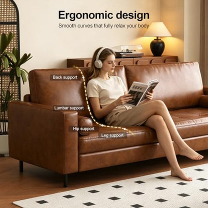80.31" Mid-Century Modern Faux Leather 3-Seater Sofa Couch, with Sturdy Metal Legs & Solid Wood Frame, for Living Room & Apartment, Brown