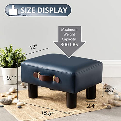 Small Foot Stool with Handle, Blue PU Leather Short Foot Stool Rest, Rectangle Storage Foot Stools Ottoman with Plastic Legs, Padded Footstool Small Step Stool for Living Room, Office, Desk, Patio