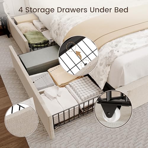 King Size Bed Frame with 4 Storage Drawers and Tufted Headboard Linen, view 5
