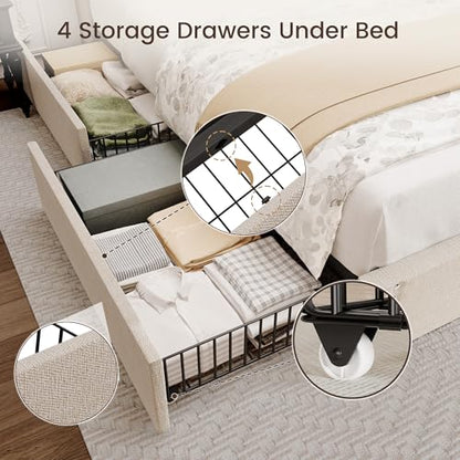 King Size Bed Frame with 4 Storage Drawers and Tufted Headboard Linen, view 5