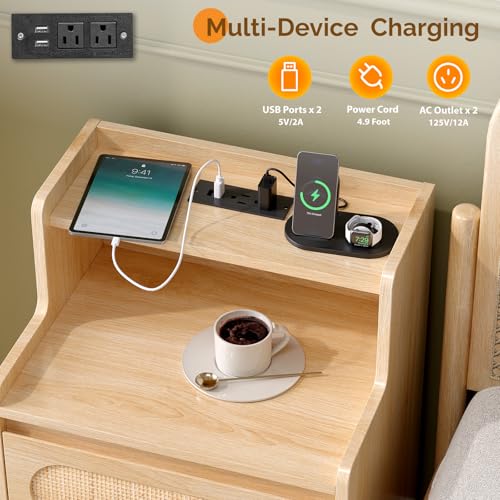 Rattan Nightstand with Charging Station, Boho Nightstand with Drawers and Shelves, Wood Night Stand Bedroom, Real Rattan Bed Side Table/End Table，17.72" W*13.86" D*25.6" H