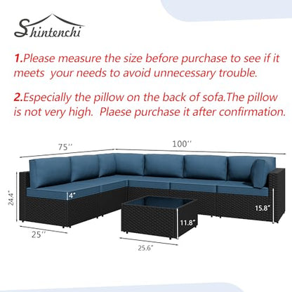 7 Piece Outdoor Patio Furniture Set,Black PE Rattan Wicker Sectional Sofa, All Weather Conversation Set with Washable Cushions & Glass Coffee Table for Backyard Poolside Garden Porch,Navy Blue