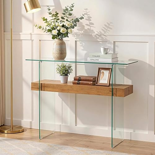 Glass Console Table with Storage, 39.4" Modern Narrow Entryway Table for Living Room, Entrance, Hallway or Bedroom 5101 (Natural Wood)