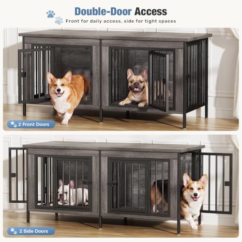 54" Dog Crate Furniture for 2 Dogs with Divider, Gray Wood Grain, view 3