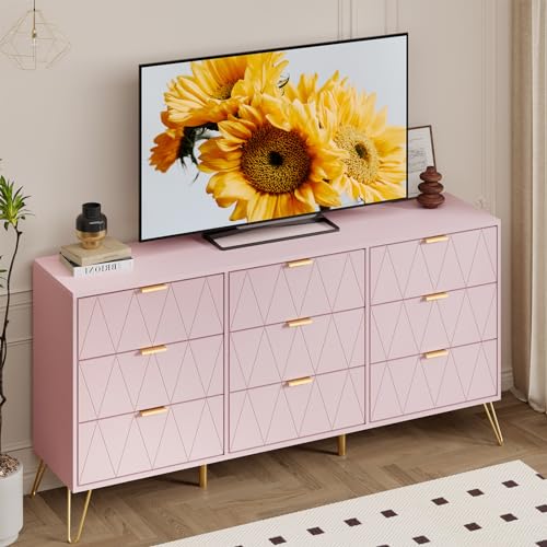 Pink 9 Drawer Dresser for Bedroom with Gold Handles, Long Dresser & Chest of Drawers with Deep Drawers, Modern Wood Dressers for Closet Living Room（Pink）