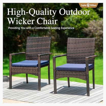 Rattan Patio Chairs Set of 2 with Cushions | 2 lightweight outdoor dining chairs, all-weather wicker, durable steel frame, comfortable cushioned seating, easy assembly.