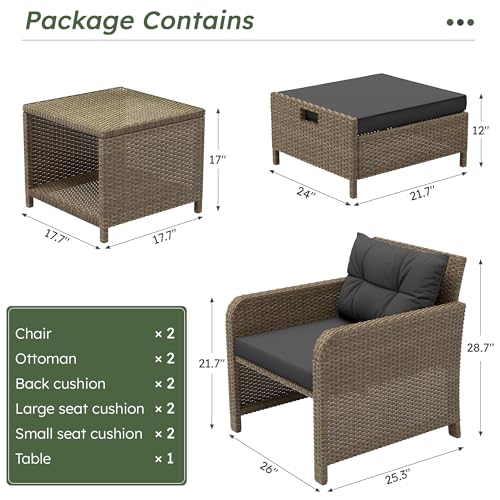 Balcony Furniture 5 Pieces Patio Set, Hand-Woven Rattan Patio Conversation Set with Soft Cushions & Coffee Table, Outdoor Chairs with Hidden Ottoman for Porch, Lawn, Garden, Balcony, Black