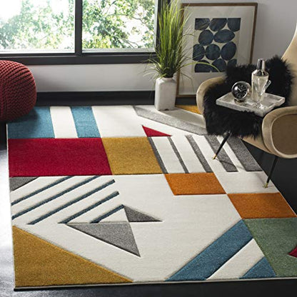 SAFAVIEH Hollywood Collection Accent Rug - 4' x 6', Ivory & Peacock Blue, Mid-Century Modern Design, Non-Shedding & Easy Care, Ideal for High Traffic Areas in Entryway, Living Room, Bedroom (HLW709B)