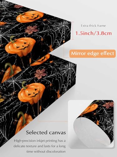 NuYeBiofx Halloween Scary Pumpkins Canvas Wall Art Prints,48"x32" Framed Picture Artwork Spiderwebs on Black Printed Canvas Oil Painting for Living Room Bedroom Office,Ready to Hang