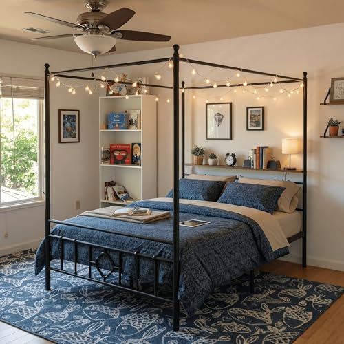Full Size Canopy Bed Frame with Storage Headboard,Noise-Free,Black, view 2