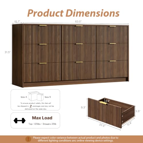 63" Wide Fluted 9-Drawer Dresser for Bedroom, Walnut, view 3