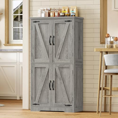 Farmhouse Storage Cabinet with 2 Adjustable Shelves, Bathroom Cabinet with 4 Doors, Cupboard for Kitchen, Living Room, Rustic Gray