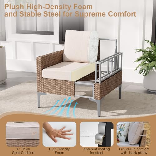 4-Piece Patio Furniture Set,Outdoor Wicker Patio Conversation Set with Tempered Glass Table,All-Weather Rattan Sectional Loveseat&Chairs with Thick Cushions for Garden,Deck,Backyard-Beige