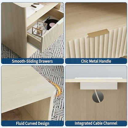 Fluted Nightstand with Charging Station, Wooden Night Stand with LED Light, Modern Mid Century Bedside End Table with Drawer, 20" W x 15.7" D x 24" H, for Bedroom, Light Oak