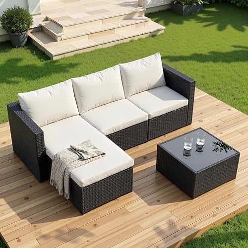 4 Pieces Patio Furniture Set, 2-in-1 Convertible Sectional Sofa & Chaise Lounge, All-Weather Wicker Rattan Sofa Couch with Cushions & Coffee Table for Yard, Garden, Porch, Poolside (Beige)
