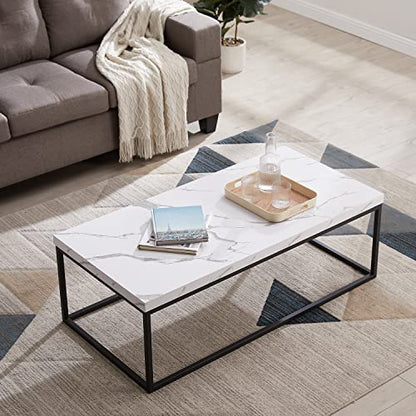 47-Inch White Marble Coffee Table/Center Table, Large Size | Extra Thick 1.6" Honey-comb Top, Rectangle, Minimalist Modern Industrial Style, Wood and Metal Cocktail Table