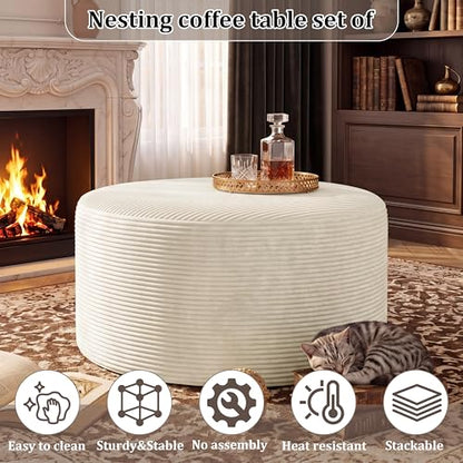 Round Ottoman,Corduroy Ottomans Foot Stool, 27.5" Pouf Footstool Ottomans Seat, Round Footrest, Modern Side Table for Living Room Bedroom Home Decor No Assembly Require (Beige, 27.5")