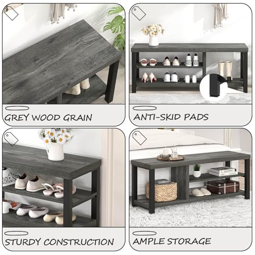 Industrial Entryway Bench, Rustic Indoor Shoe Boot Storage Bench Seat for Living Room, Grey
