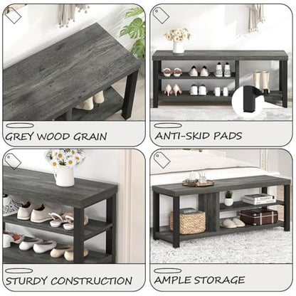 Industrial Entryway Bench, Rustic Indoor Shoe Boot Storage Bench Seat for Living Room, Grey