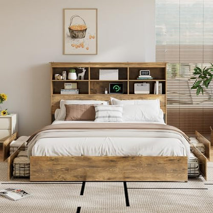 King Size Bed Frame with 50" Tall Storage Bookcase Headboard, view 4
